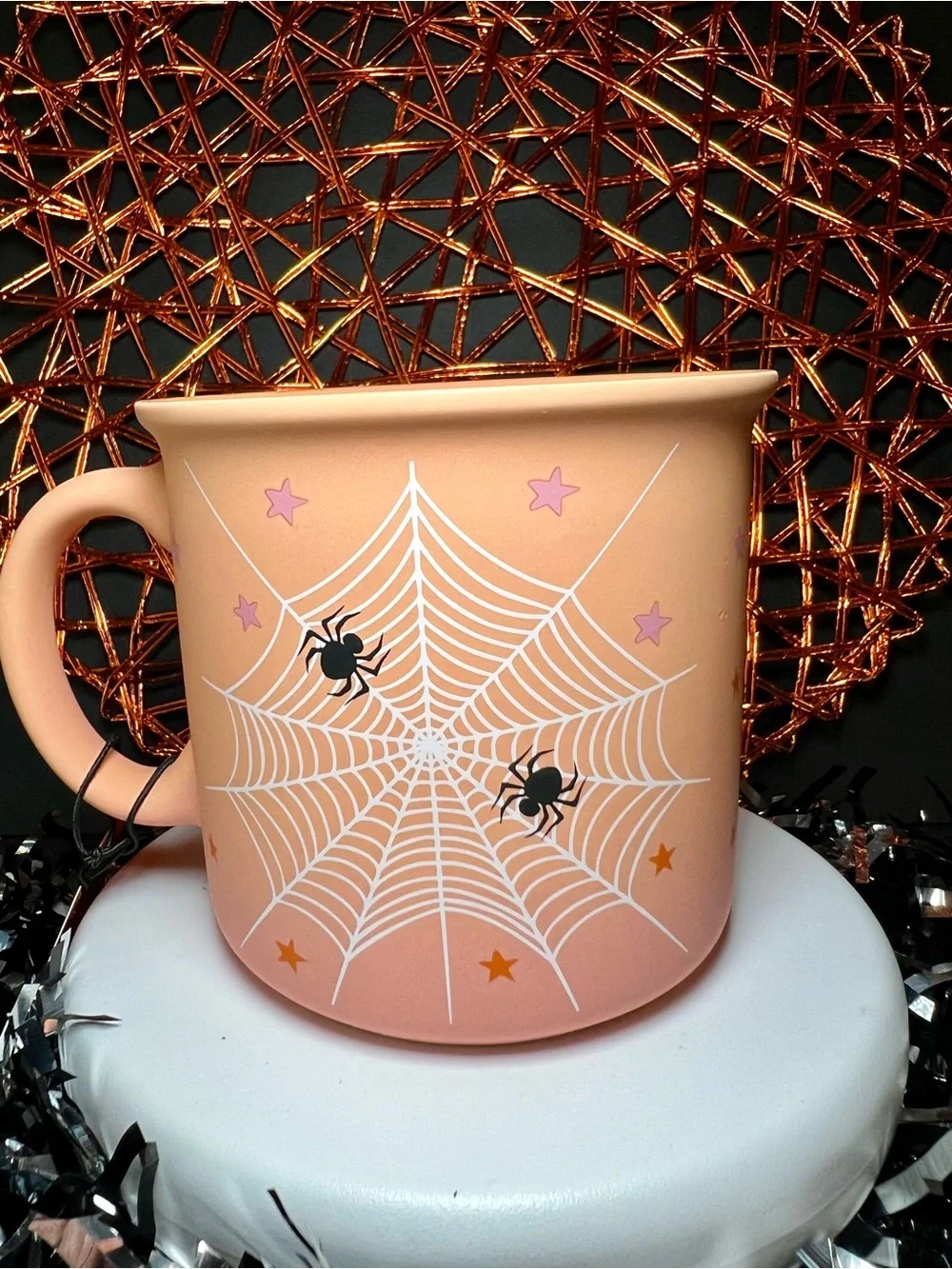 Halloween Light Orange Spiderweb Mug with Black Spiders Ombré Stars Stoneware